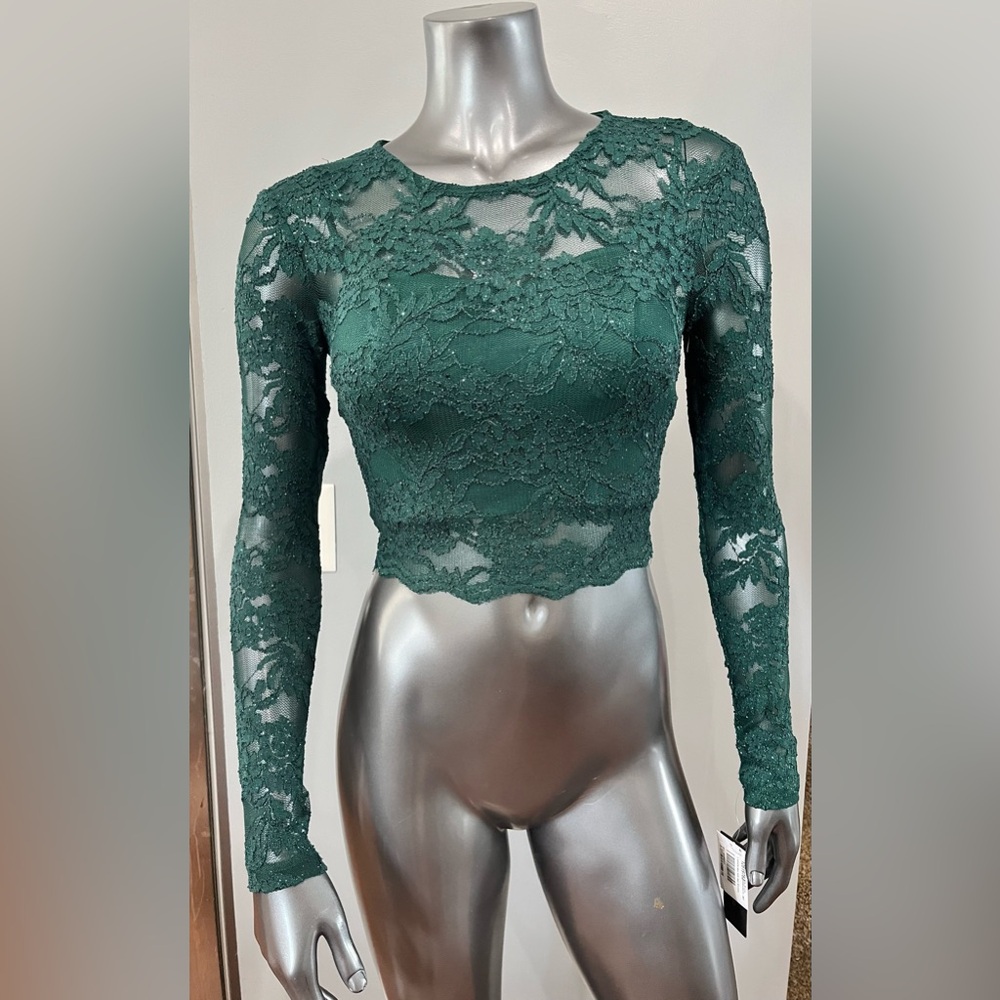 City Studio Emerald Green Lace Glitter Long Sleeves Cropped Top Juniors NWT